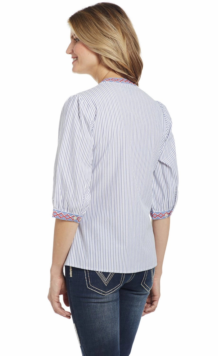 Trend-Driven Eco friendly materials Cowgirl Up Womens White/Blue Cotton Blend Floral Blouson Blouse S/S