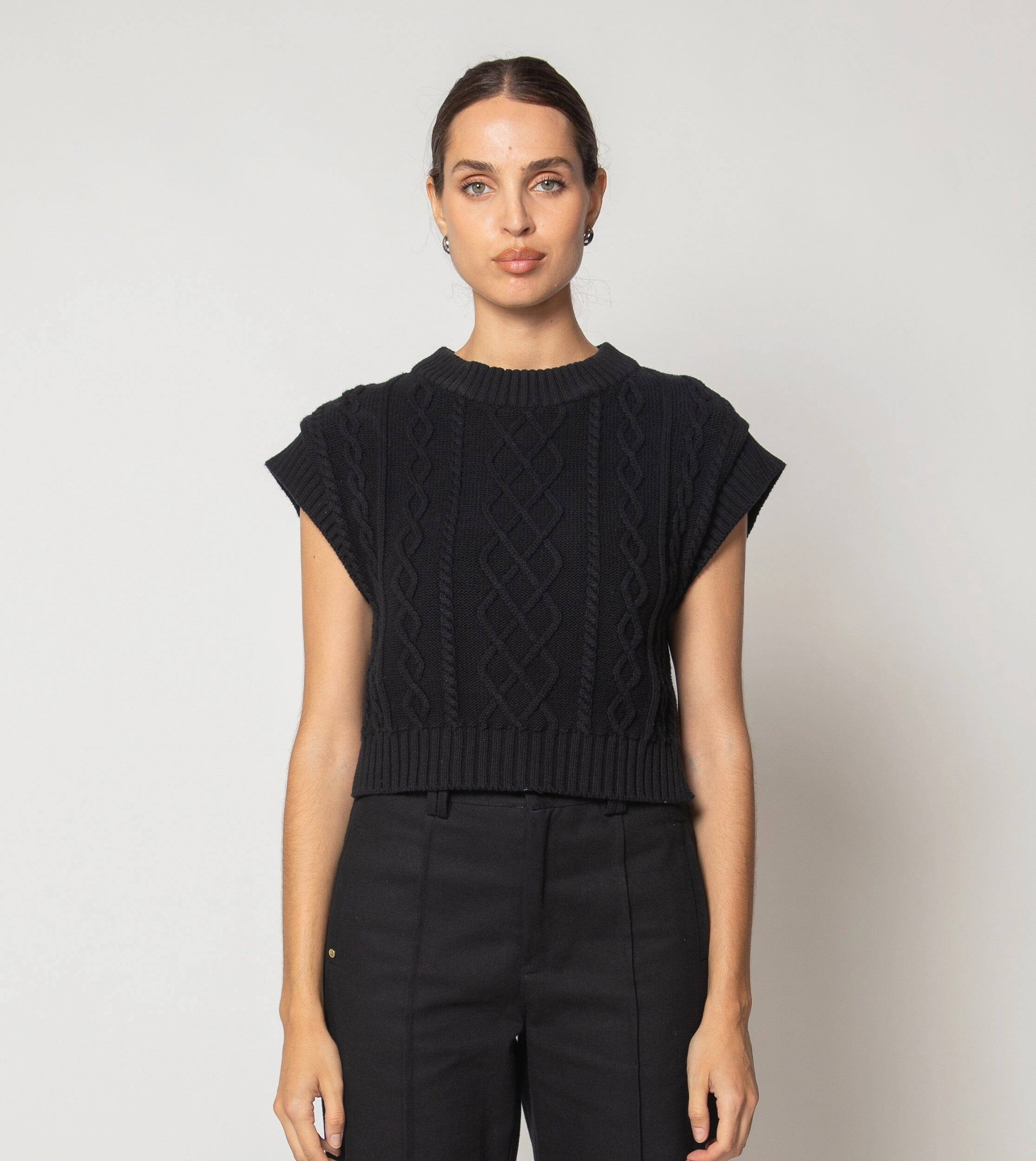 Gigi Cropped Sweater Vest | Black Drop Shoulder Design Temperature Regulating