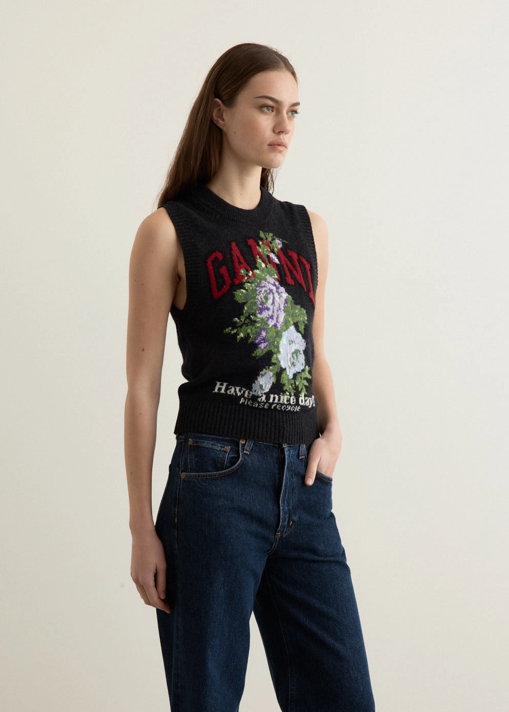 Urban Layer Double Layered Collar Graphic Wool Mix Flowers Vest