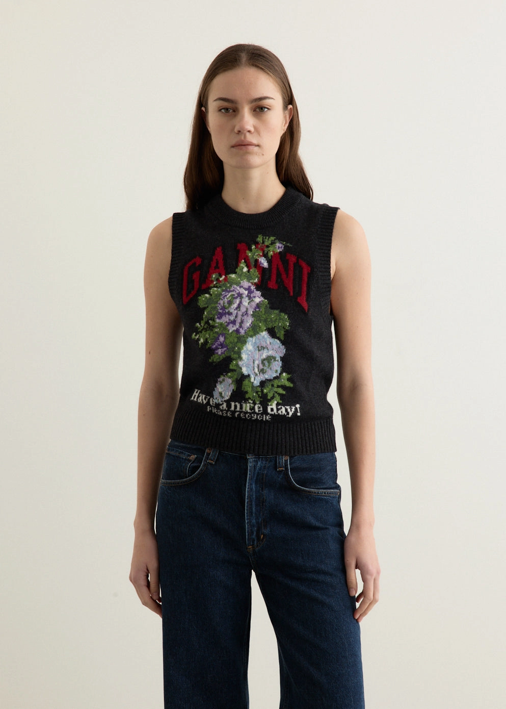 Graphic Wool Mix Flowers Vest Minimal Style