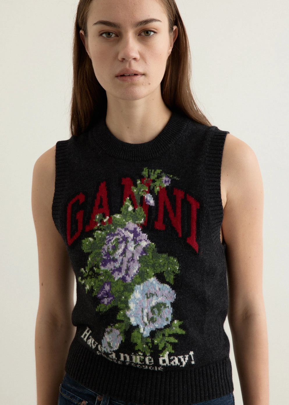 Graphic Wool Mix Flowers Vest Cozy Classic Cozy Texture