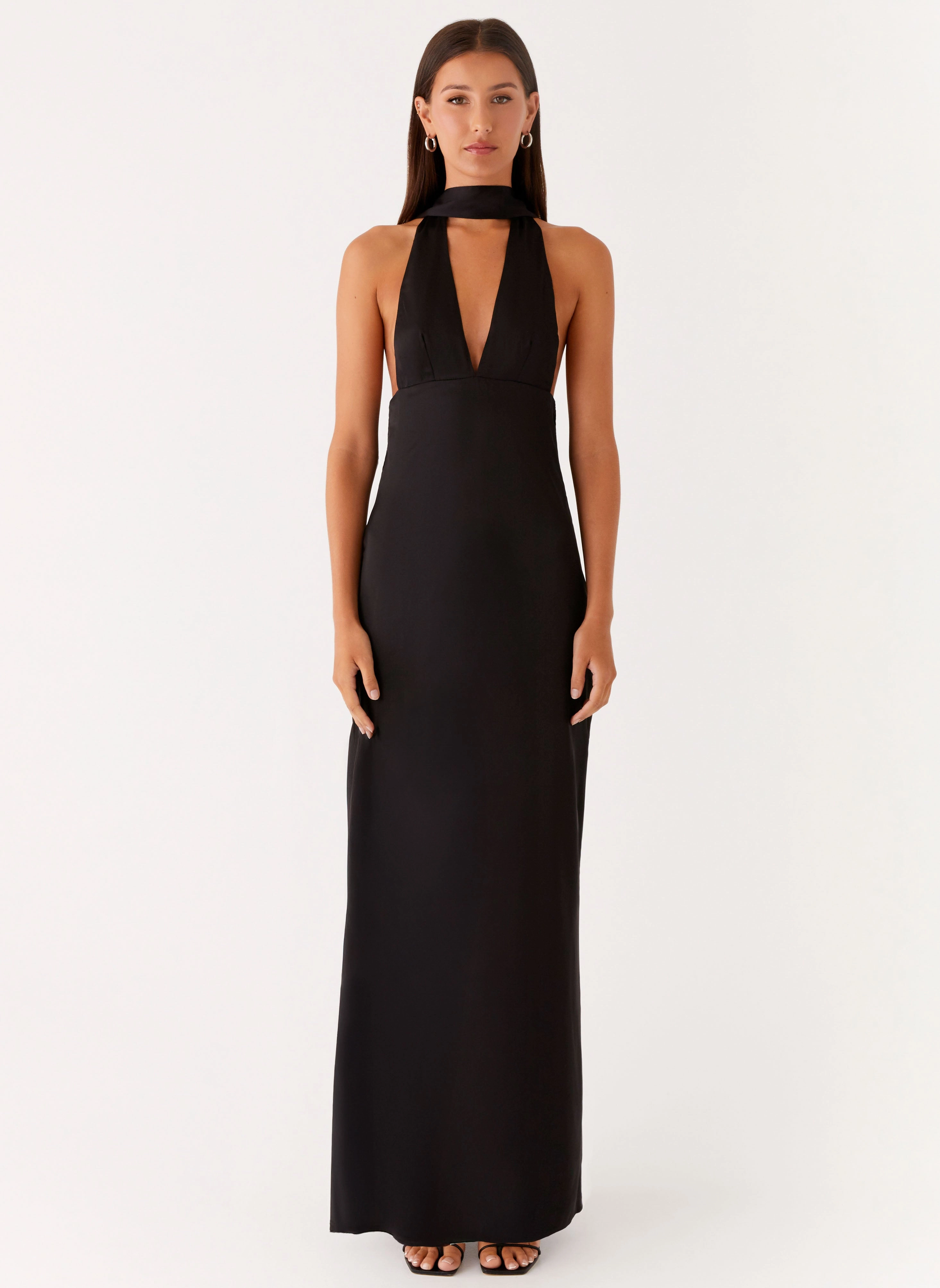 Alicia Satin Halter Maxi Dress - Black All-Day Wear Natural Fit