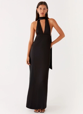 Alicia Satin Halter Maxi Dress - Black Seamless-Look Elegant Flow