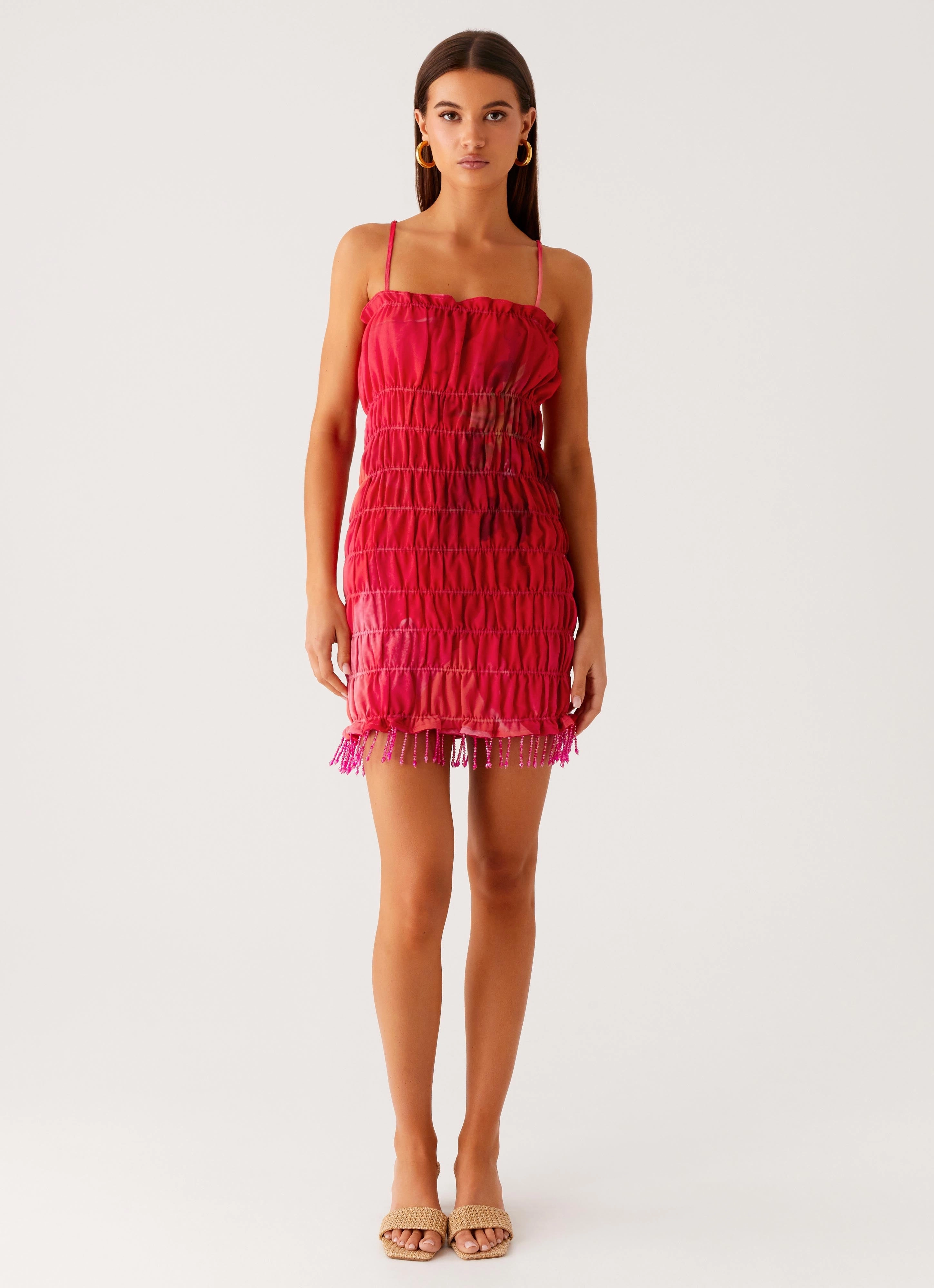 Refresh Me Chiffon Mini Dress - Peach Watermelon Flower Fitted Design