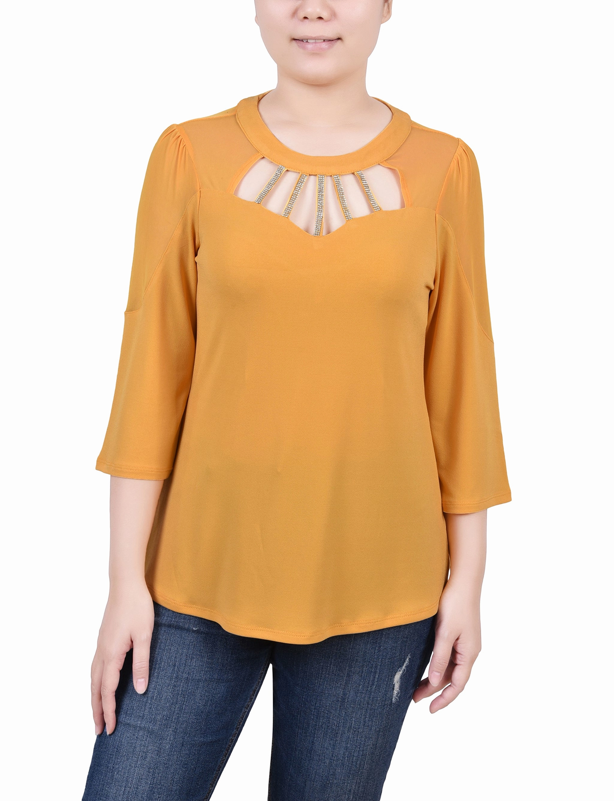 Thermoregulating Technology Petite 3/4 Sleeve Top With Neckline Cutouts and Stones