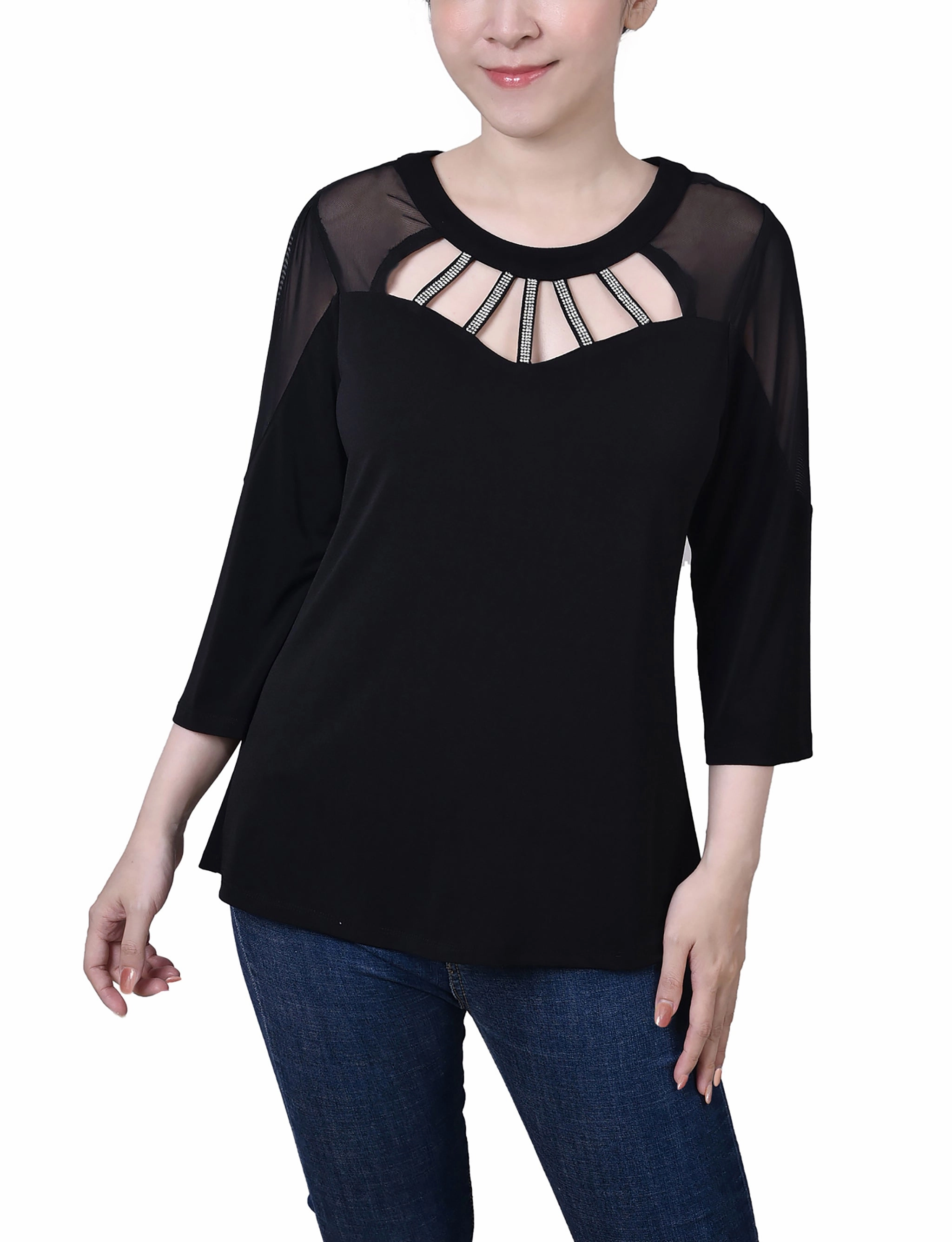 Petite 3/4 Sleeve Top With Neckline Cutouts and Stones Winter Comfort WaffleKnit Texture