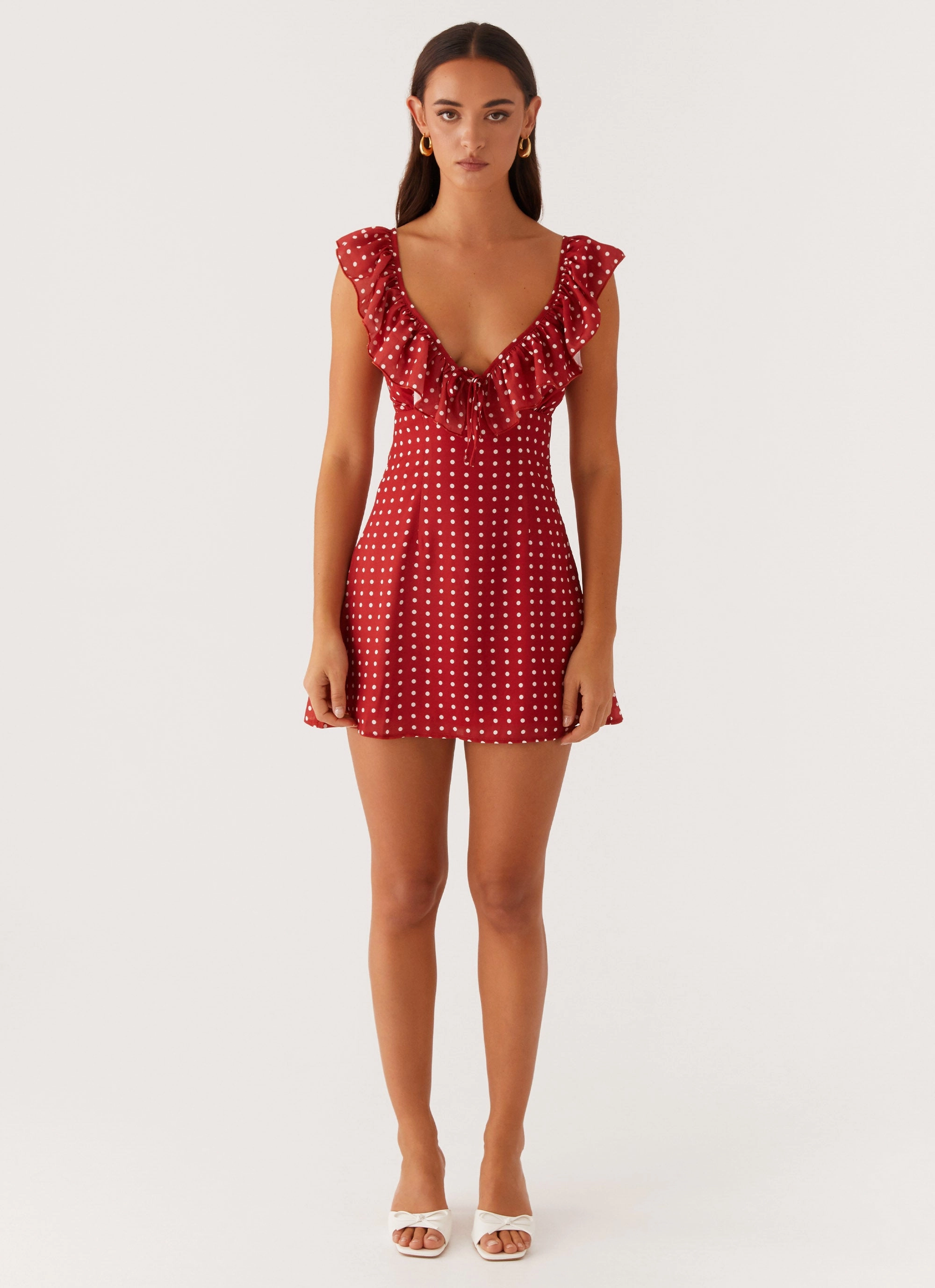Adrina Ruffle Mini Dress - Red Polka Dot Chill Vibes