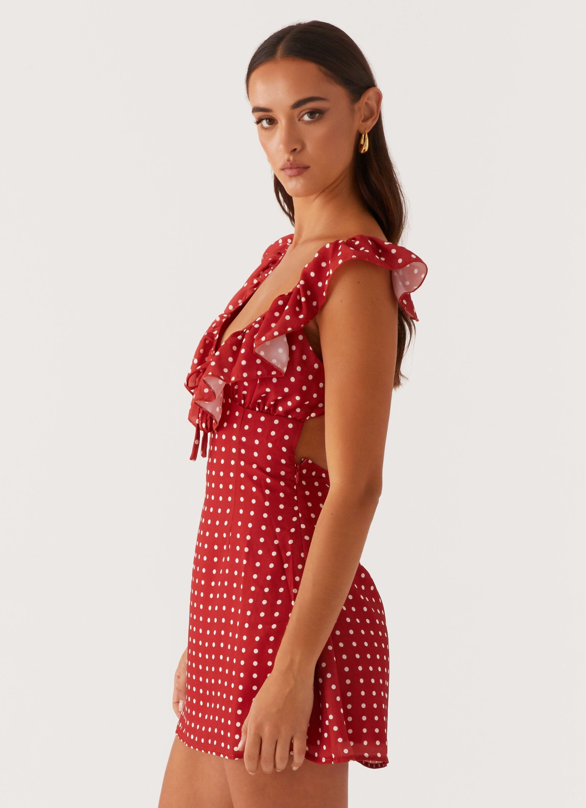 Adrina Ruffle Mini Dress - Red Polka Dot Color-Blocked City Essential