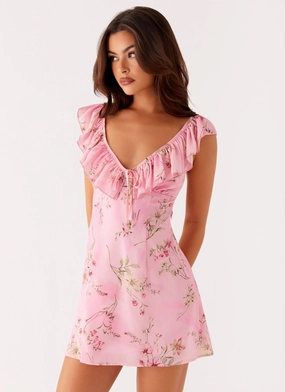 Tiered-Skirt Classic structured dress Adrina Ruffle Mini Dress - Pink Floral Print