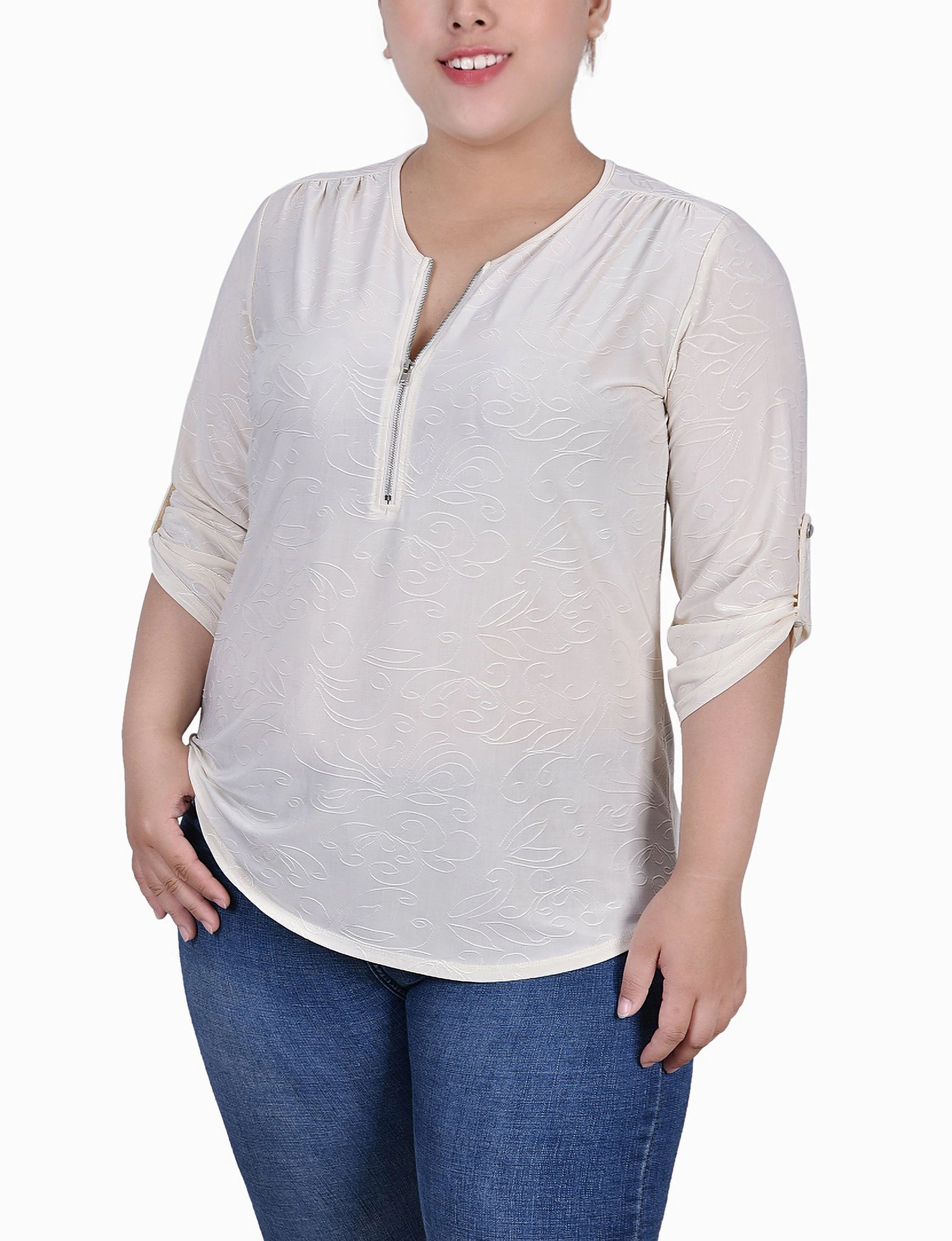 Printed-Lining Plus Size 3/4 Roll Tab Zip Front Jacquard Knit Top