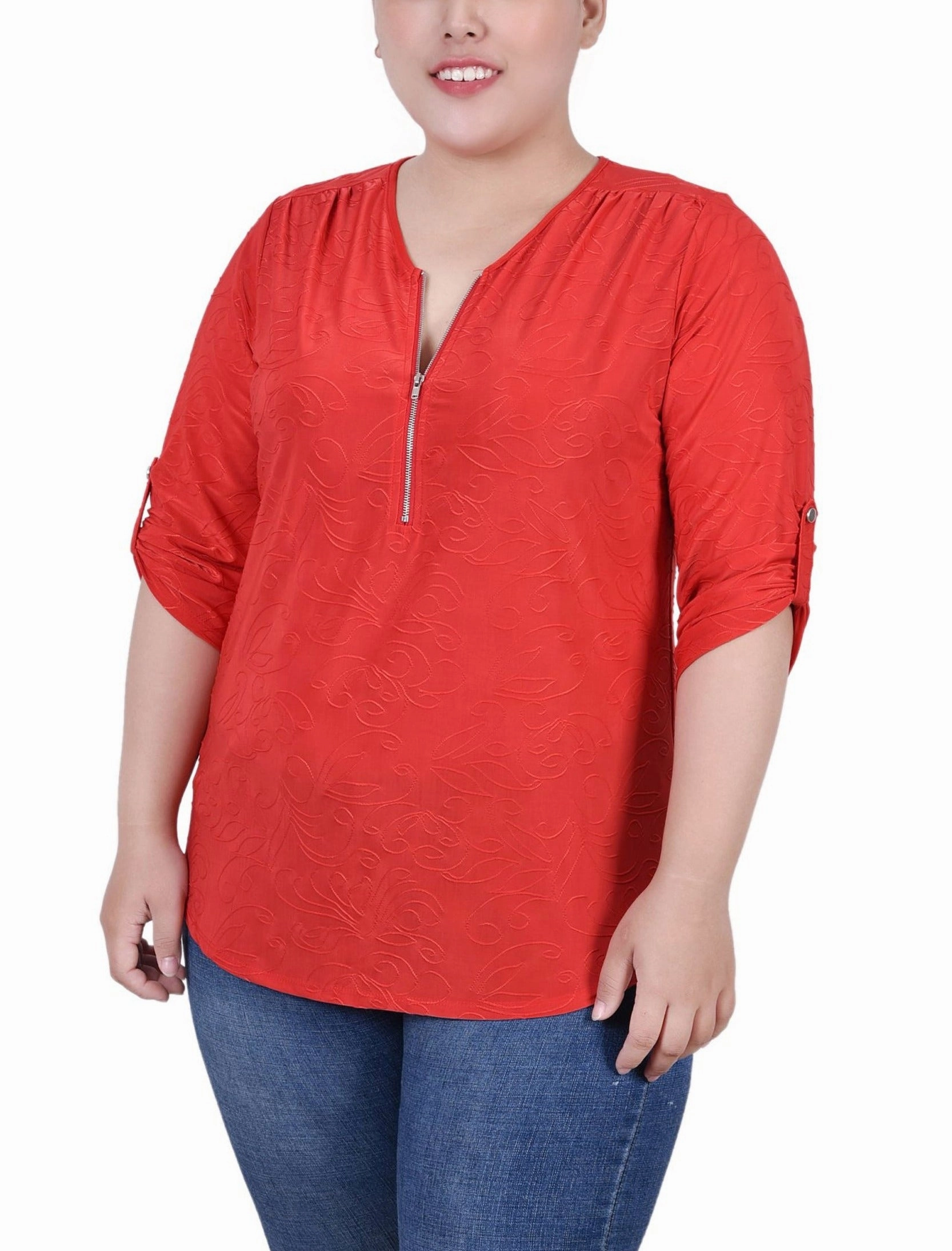 Plus Size 3/4 Roll Tab Zip Front Jacquard Knit Top Comfort Fit Flattering and Chic