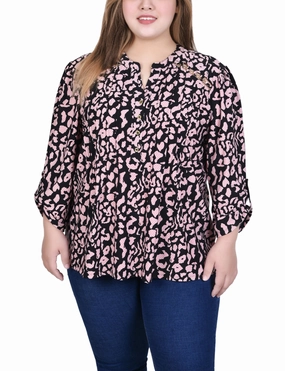 Plus Size Long Sleeve Pintuck Front Top With Chain Details Comfy Look Satin-Finish