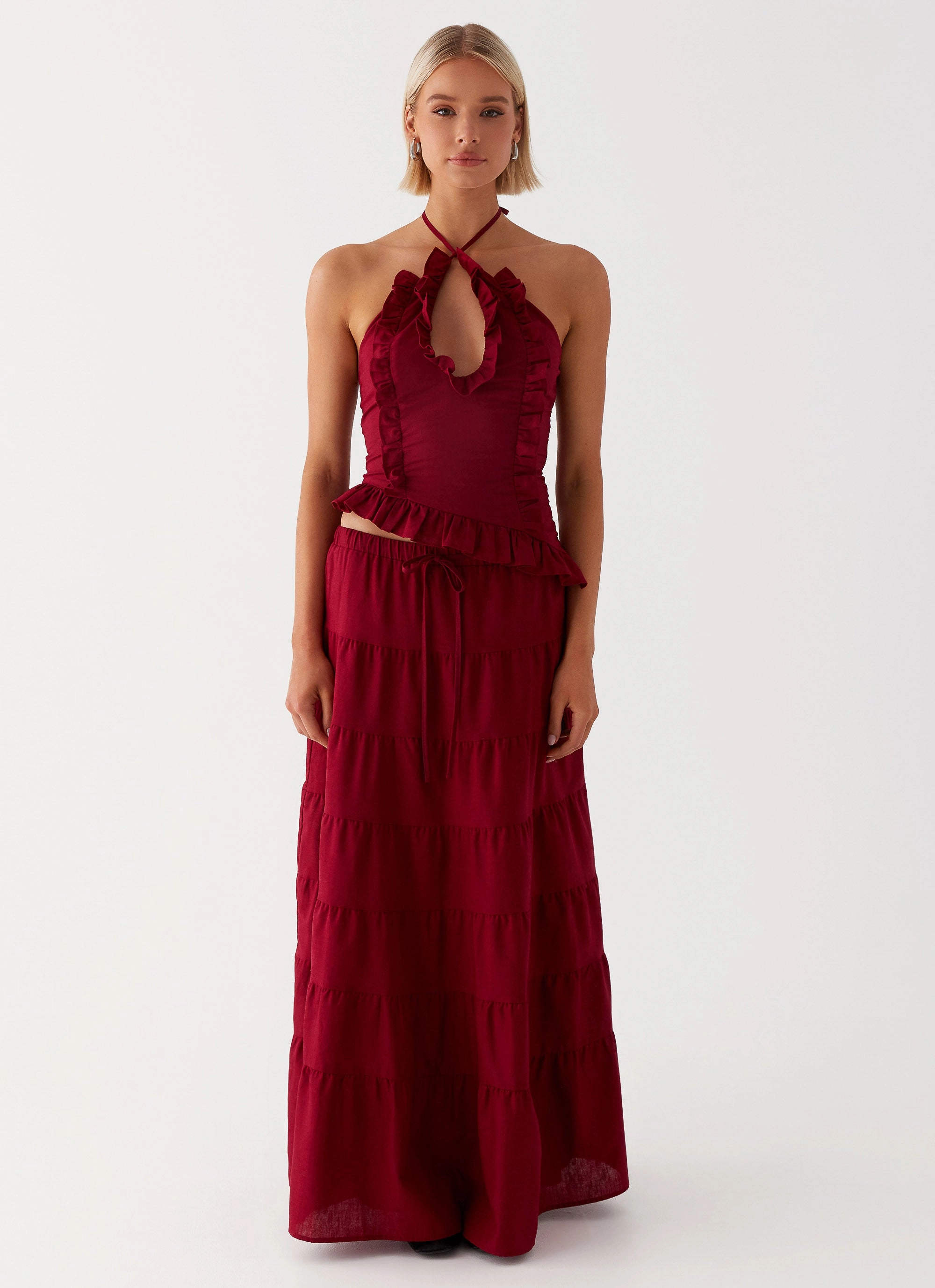 Mariella Linen Maxi Skirt - Maroon Edgy Look
