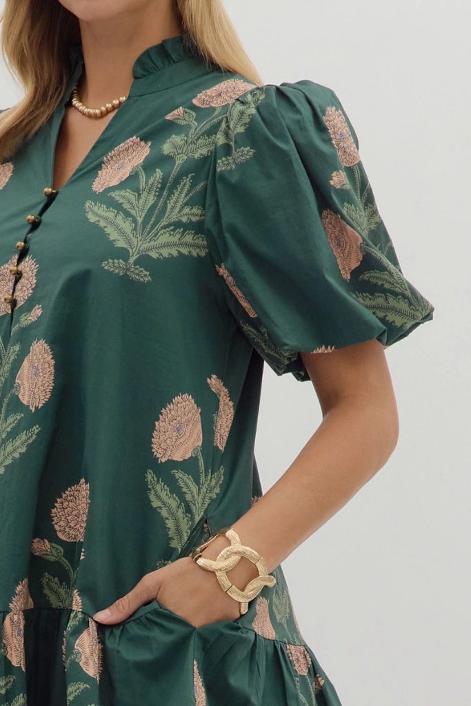 Margot Floral Babydoll Dress in Hunter Green Flattering Shape