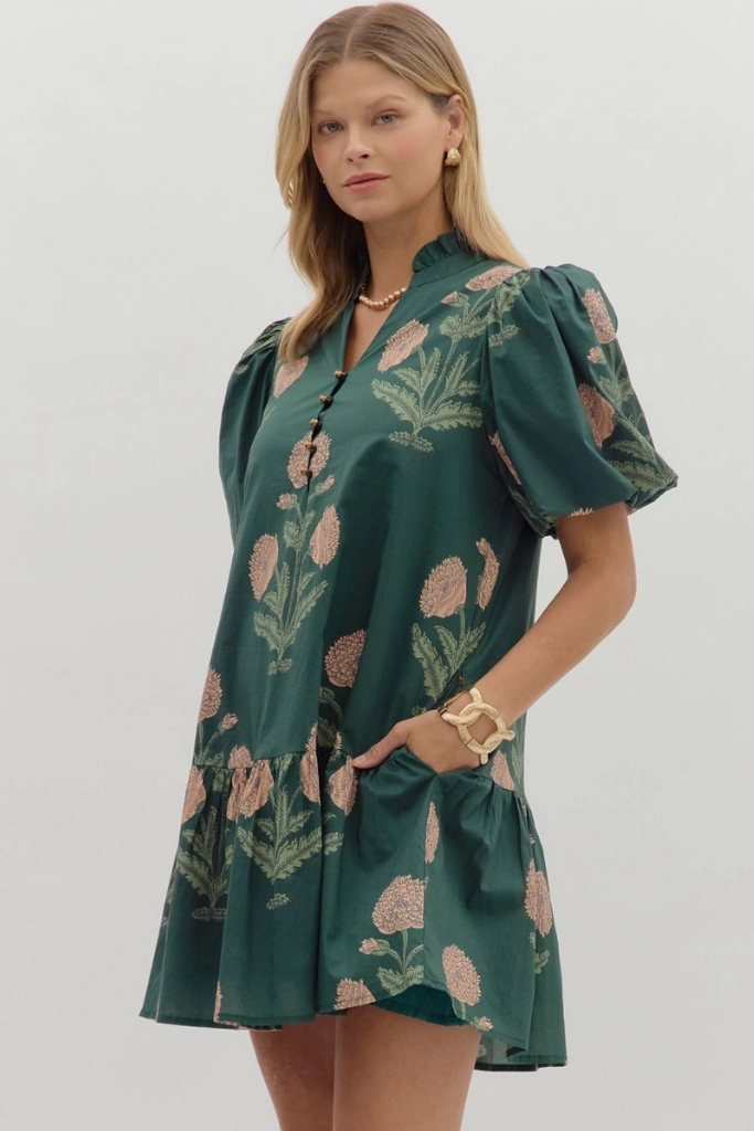 Flowing Fit Margot Floral Babydoll Dress in Hunter Green