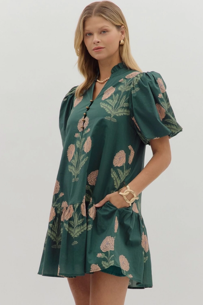 Daily Comfort Margot Floral Babydoll Dress in Hunter Green