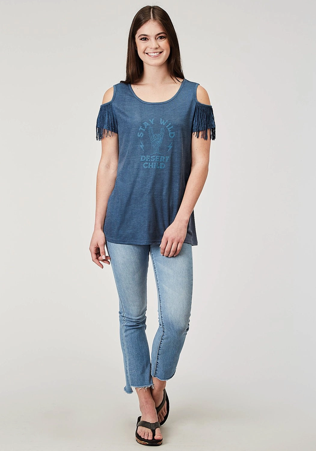 Roper Womens Stay Wild Navy Poly/Cotton Cold Shoulder S/S T-Shirt Earthy Hue