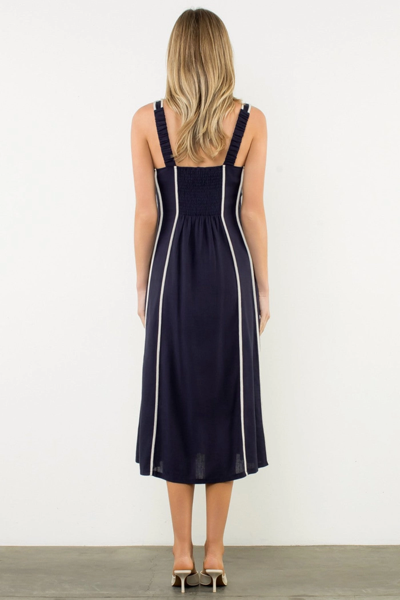 Smooth Texture LACY VERTICAL TRIM SLEEVELESS MIDI DRESS