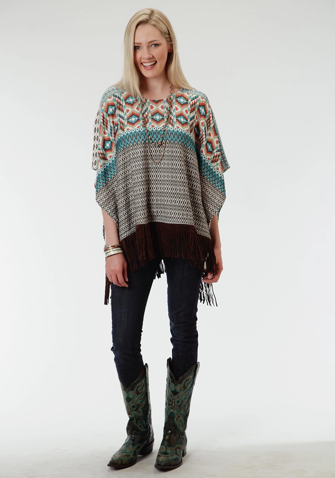 Roper Aztec Print Ladies Brown Polyester Poncho Sweater Drop Needle Detailing Bio Based Textile Innovation