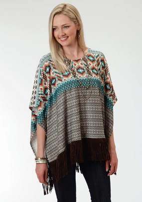 Roper Aztec Print Ladies Brown Polyester Poncho Sweater Non Restrictive Cut
