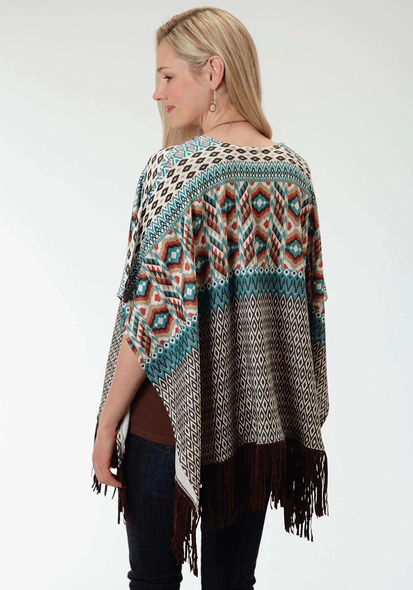 Breathable Warmth Roper Aztec Print Ladies Brown Polyester Poncho Sweater