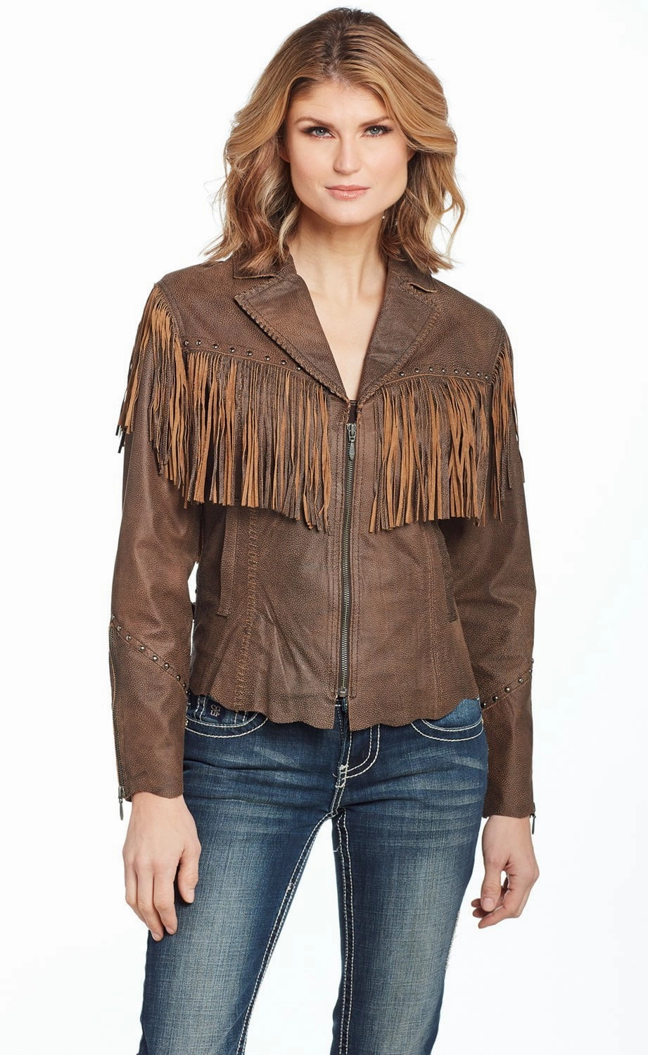 Windproof Weave Cripple Creek Womens Antique Brown Leather Lamb Fringe Vest
