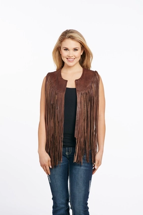 Recycled Material Blend Comfy Vibes Cripple Creek Womens Antique Brown Leather Lamb Fringe Vest