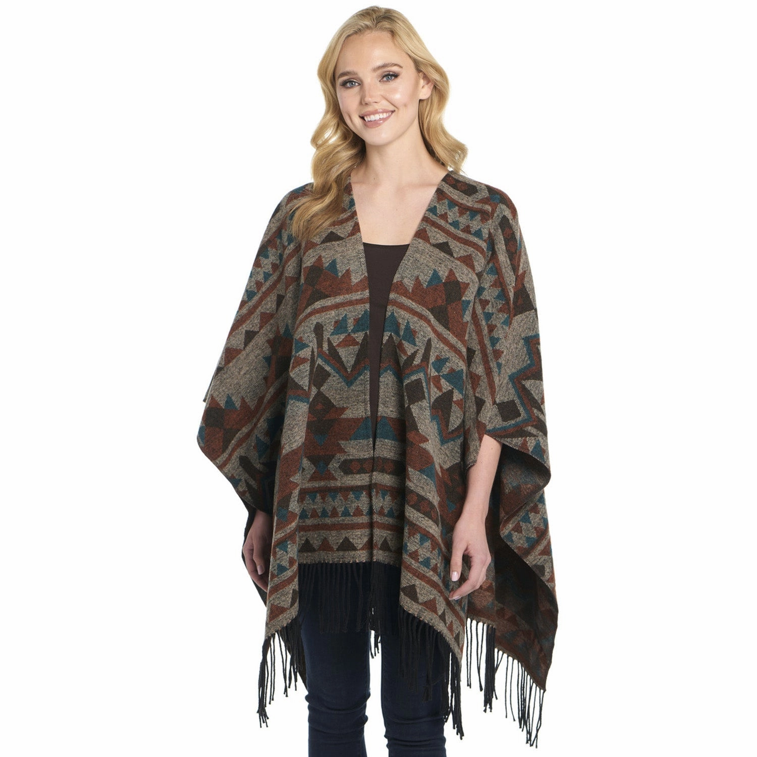 Circular Knit Technology Cripple Creek Womens Open Front Blanket Wrap Chocolate Topaz Polyester Poncho