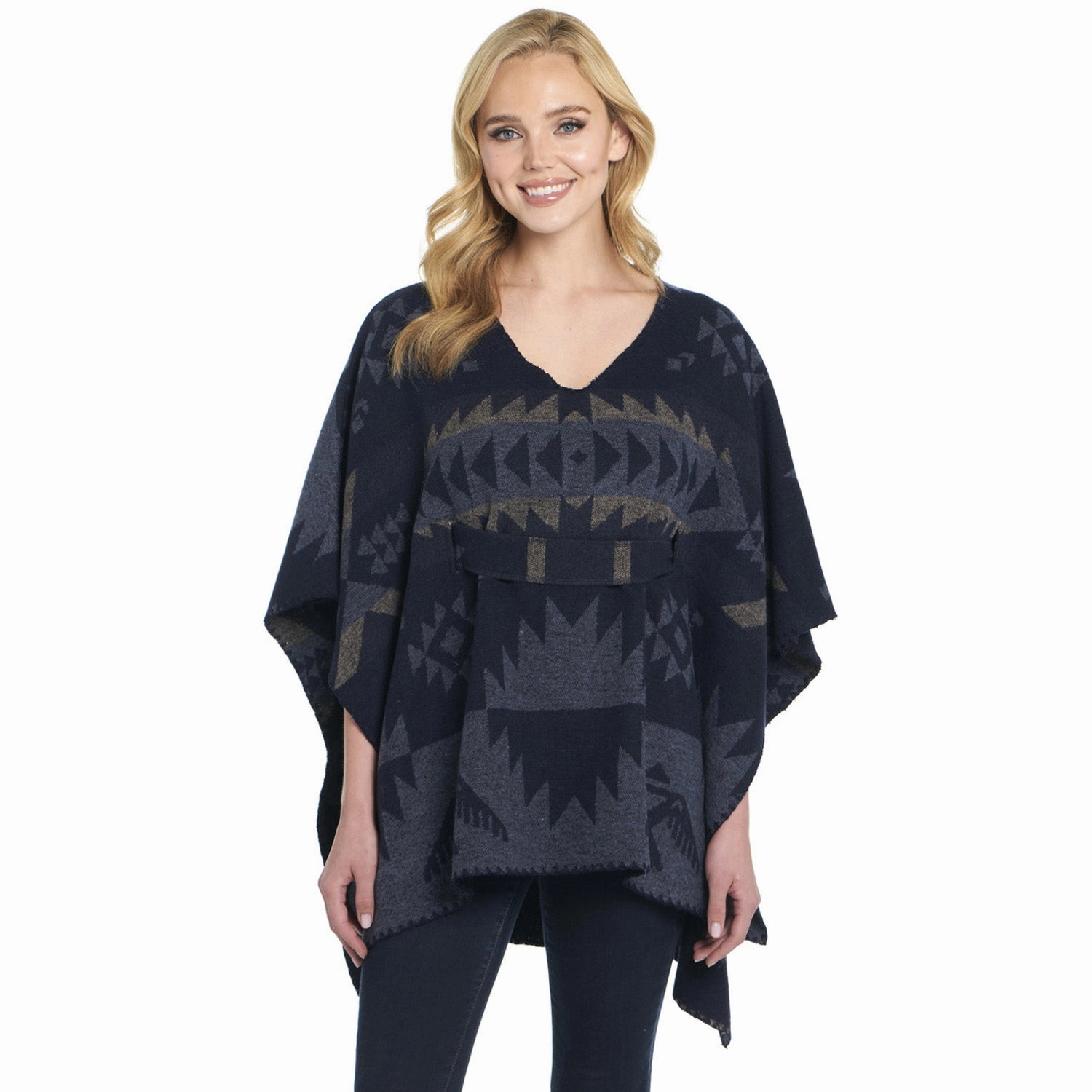 Textured Knit Abrasion Resistant Edging Cripple Creek Womens Tie Back Navajo Blanket Blue Herron 100% Polyester Poncho