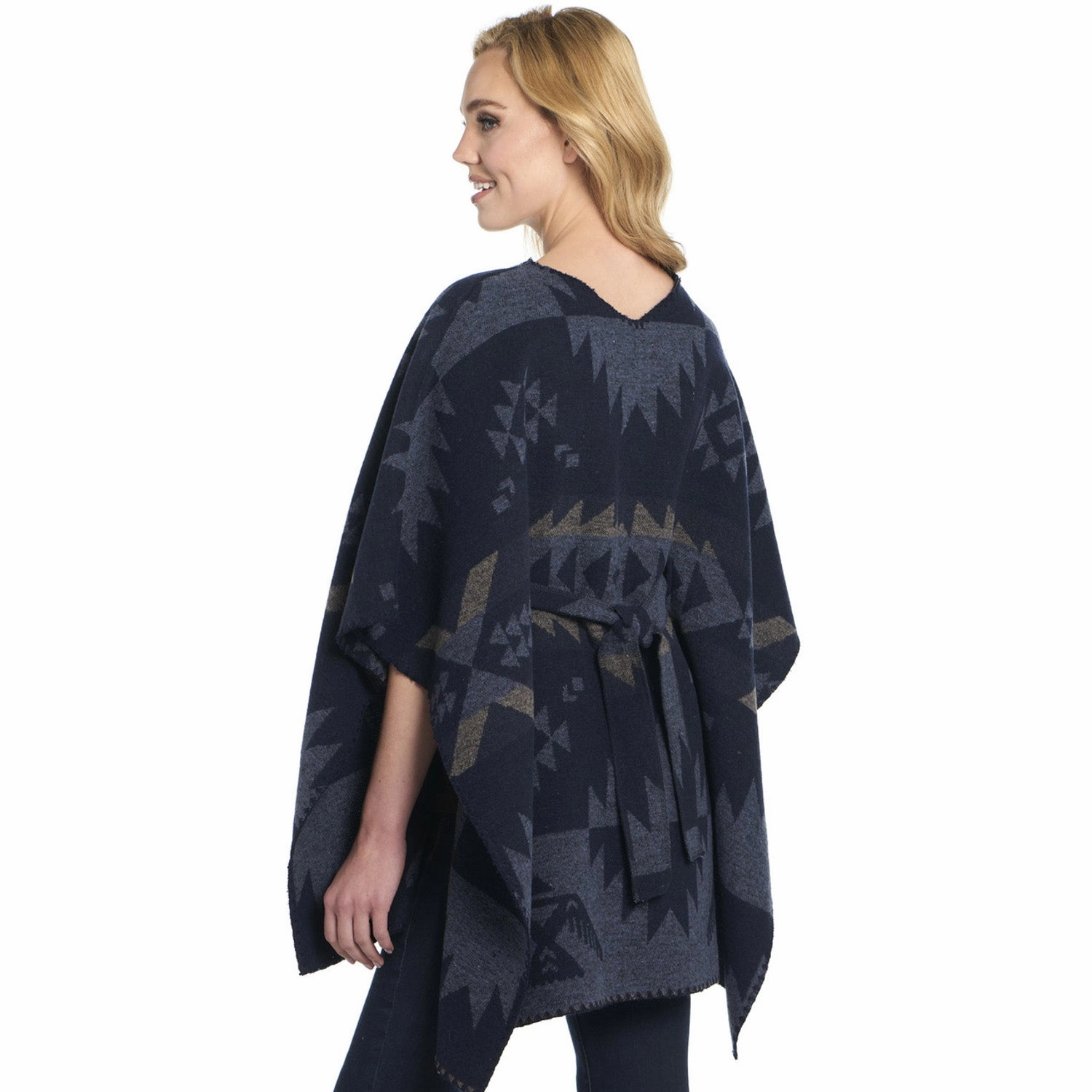 Cripple Creek Womens Tie Back Navajo Blanket Blue Herron 100% Polyester Poncho Snuggly Feel