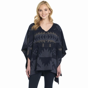 Cozy Fit Wear Essential Comfort Cripple Creek Womens Tie Back Navajo Blanket Blue Herron 100% Polyester Poncho L