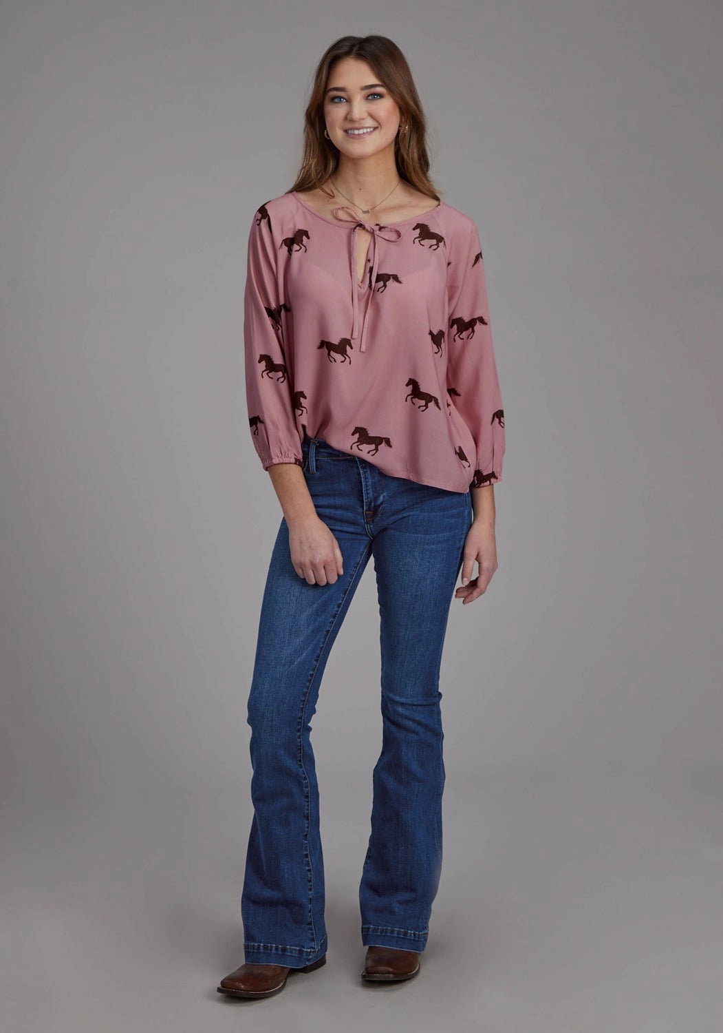 Roper Womens Wild Horses Self Tie Pink 100% Rayon L/S Blouse High-End Look Classic Design