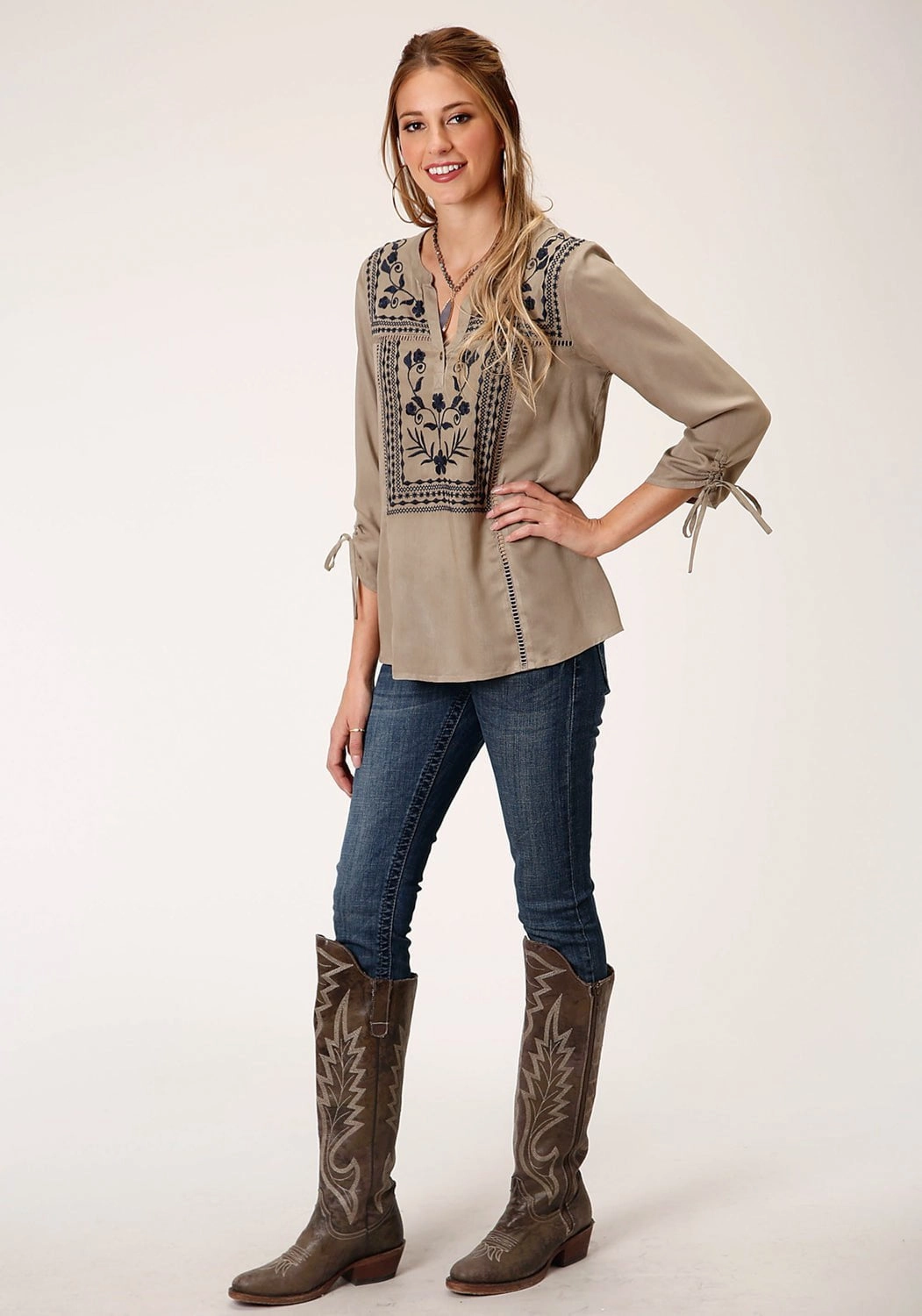 Roper Womens Green Rayon/Nylon Open Work S/S Blouse Smooth Zipper Design Classic Design