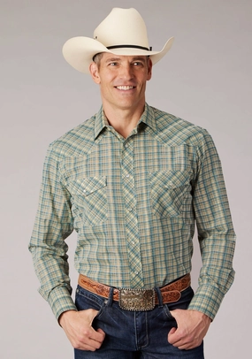 Roper Mens 2075 Plaid Cream/Teal Cotton Blend L/S Shirt Denim Blend Odorless Binding Tape