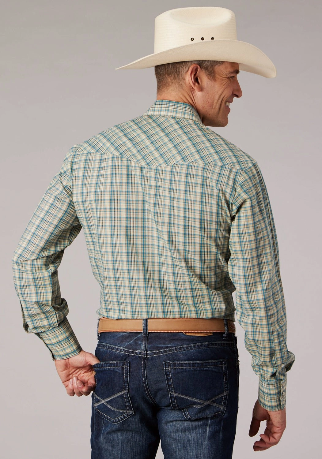 Comfortable Fabric Roper Mens 2075 Plaid Cream/Teal Cotton Blend L/S Shirt