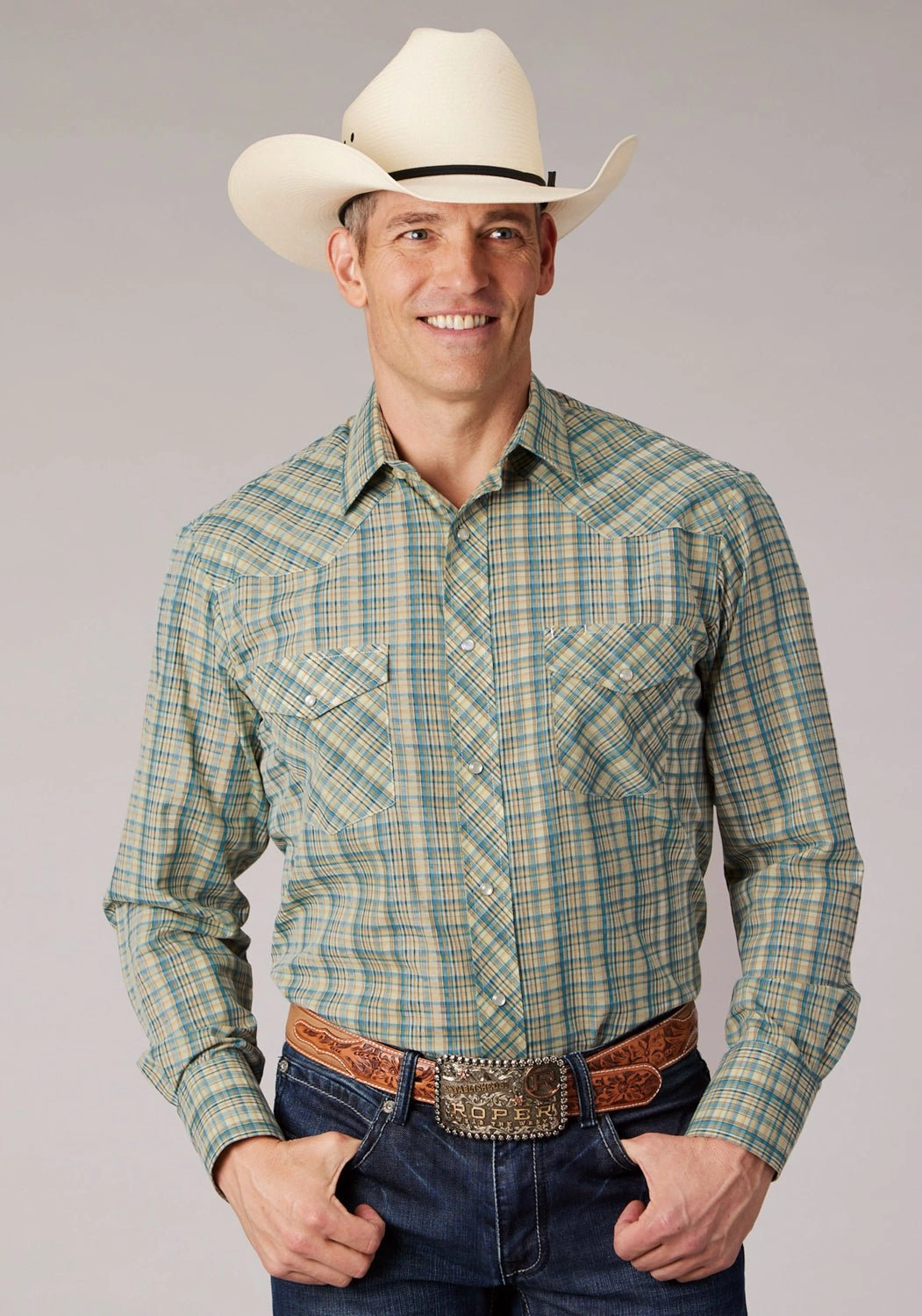 Roper Mens 2075 Plaid Cream/Teal Cotton Blend L/S Shirt Denim Blend Odorless Binding Tape