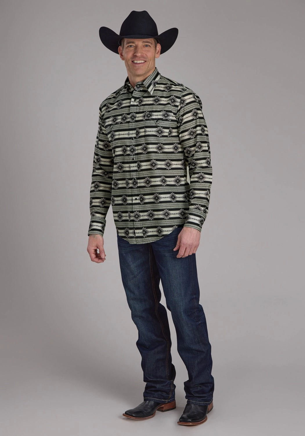 Roper Mens 2182 Santa Fe Aztec Black 100% Cotton L/S Shirt Boho chic Sophisticated Elegance