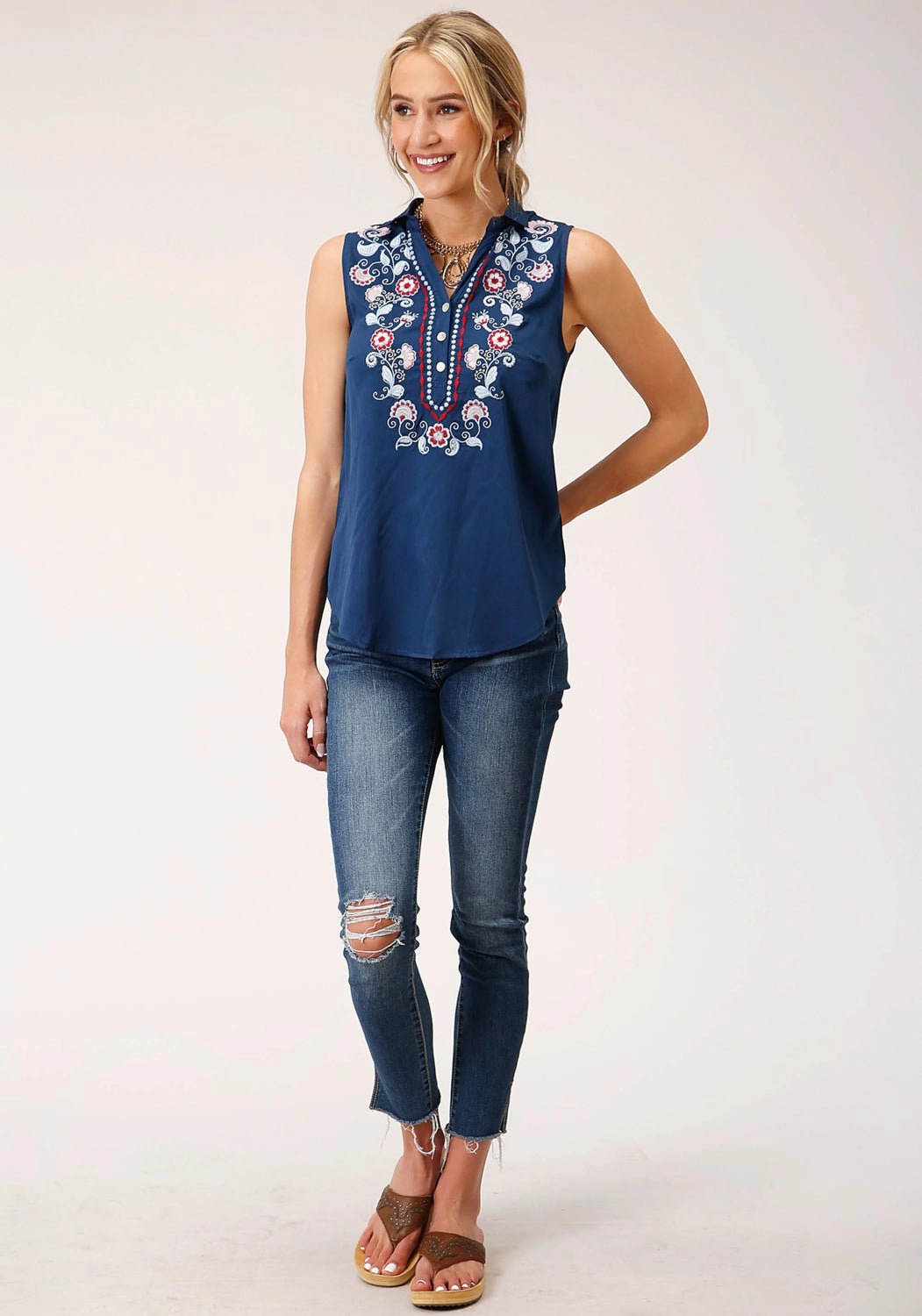 Roper Womens Floral embroidery Navy 100% Polyester S/L Blouse Long Sleeve