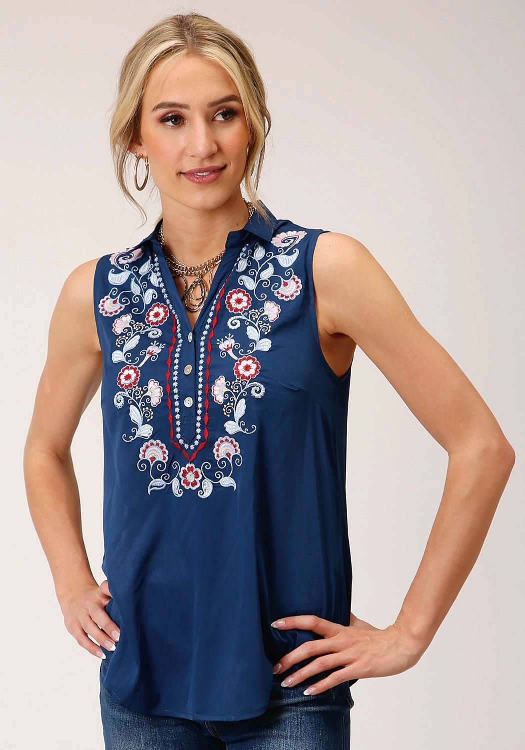 Poolside Lounge Roper Womens Floral embroidery Navy 100% Polyester S/L Blouse