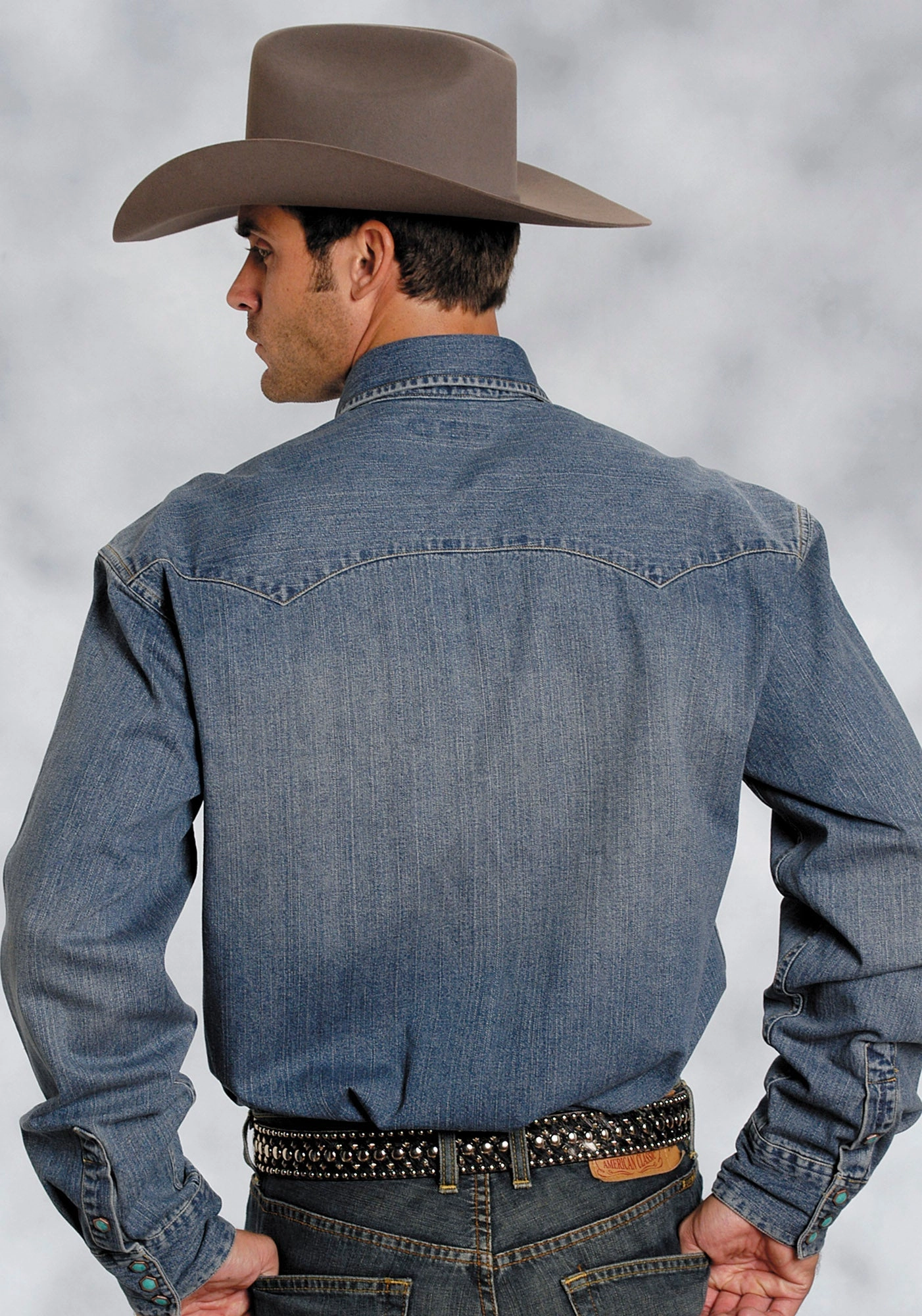 Stetson Mens Blue 100% Cotton L/S Designer Denim Snap Western Shirt Interview Ready color block