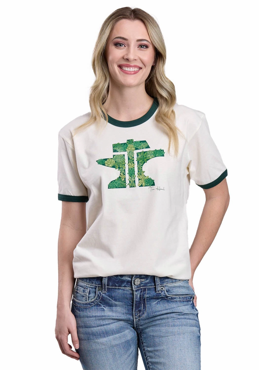 Tin Haul Womens Green Succulents Anvil Logo Natural 100% Cotton S/S T-Shirt Sustainable Weave