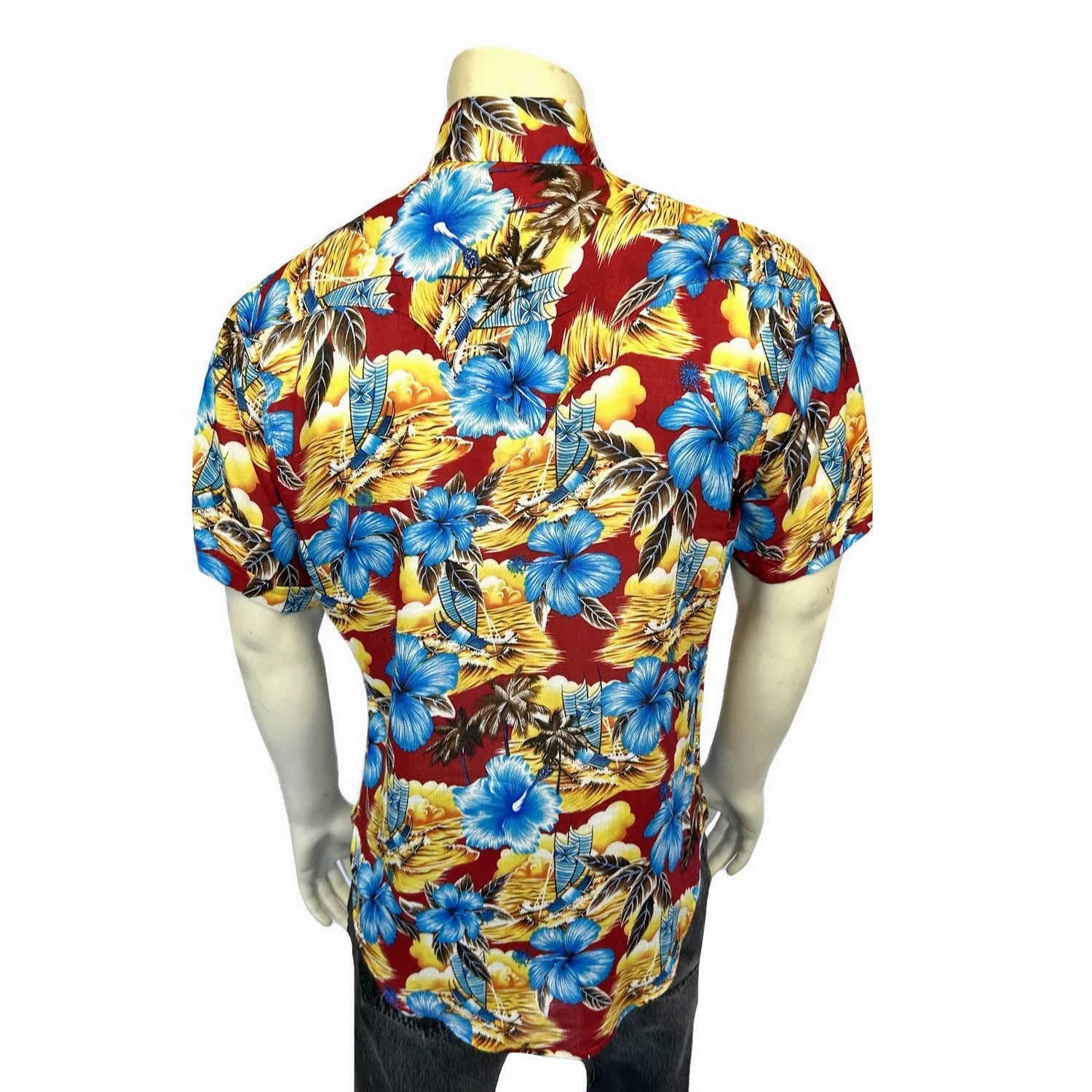 Seamless Side Panels Rockmount Mens Hawaiian Print Western Red 100% Rayon S/S Shirt