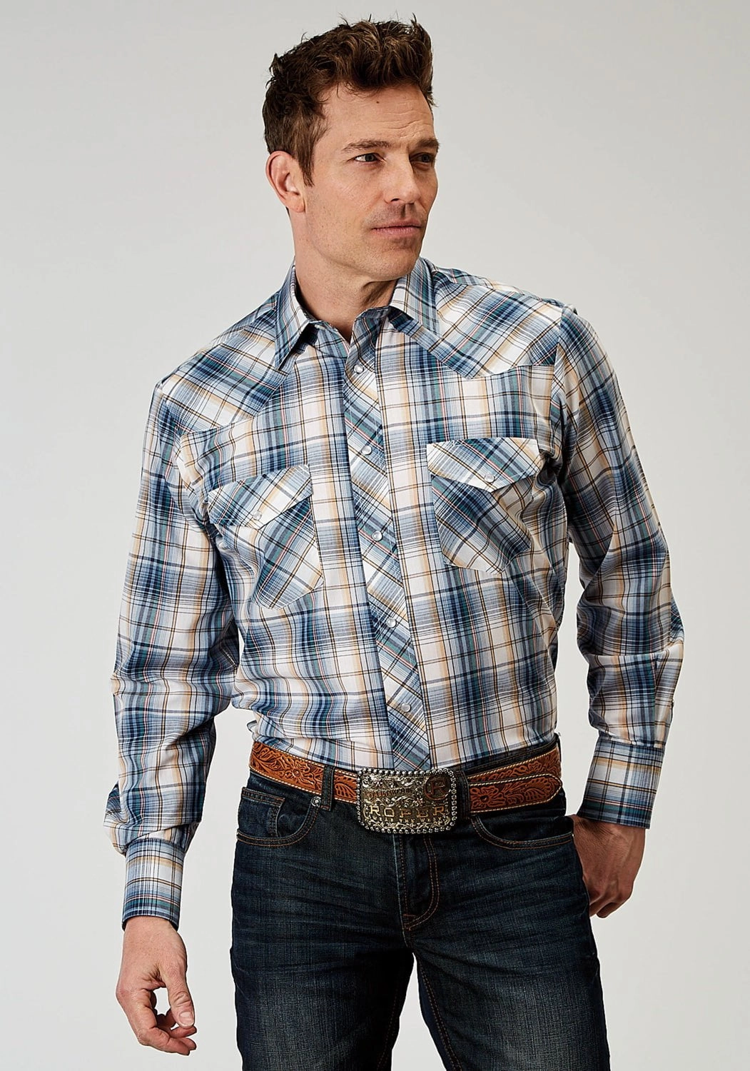 Roper Mens 1971 Madras Plaid Blue Cotton Blend L/S Shirt Wrinkle Resistant