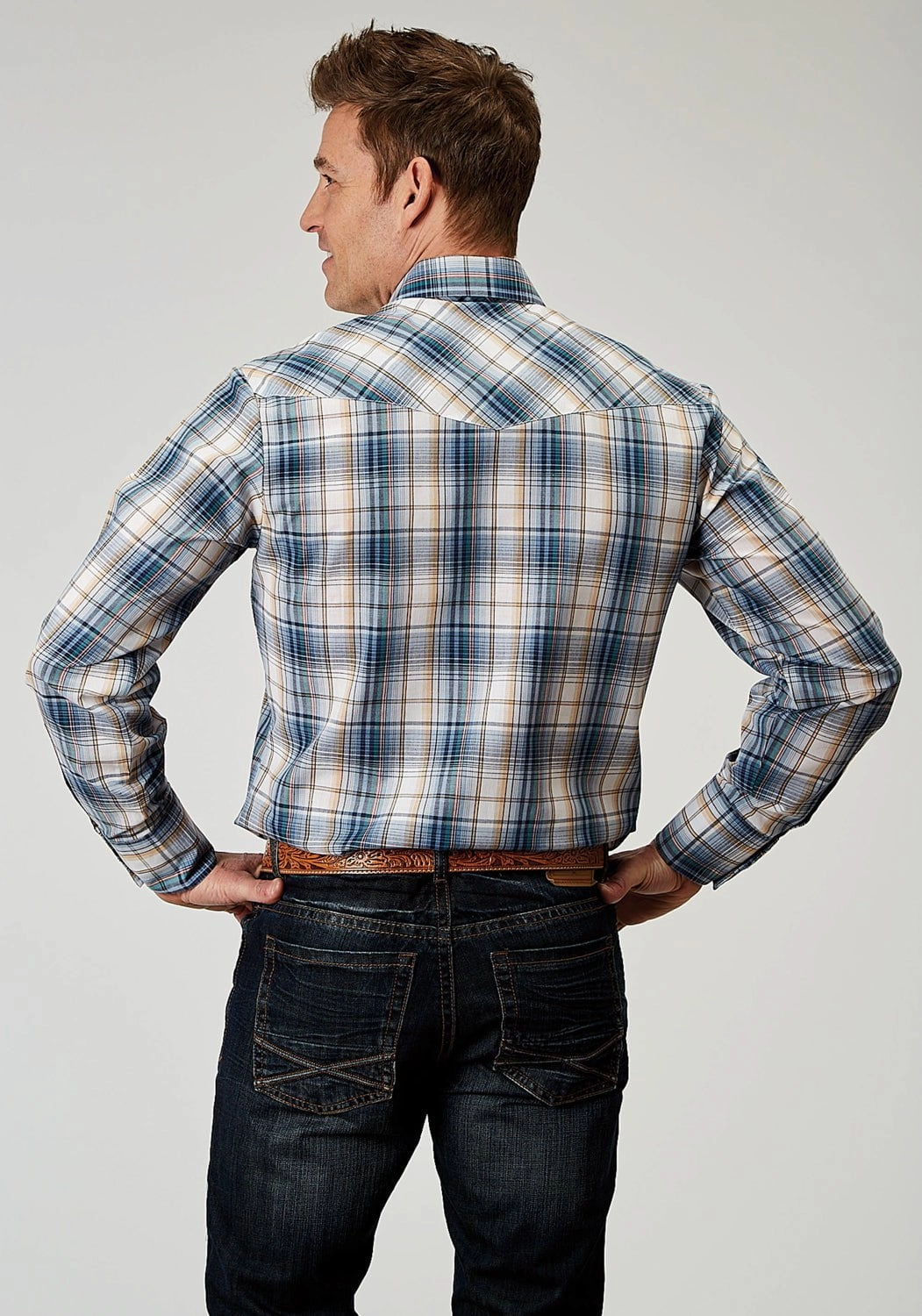 Roper Mens 1971 Madras Plaid Blue Cotton Blend L/S Shirt Tall Option