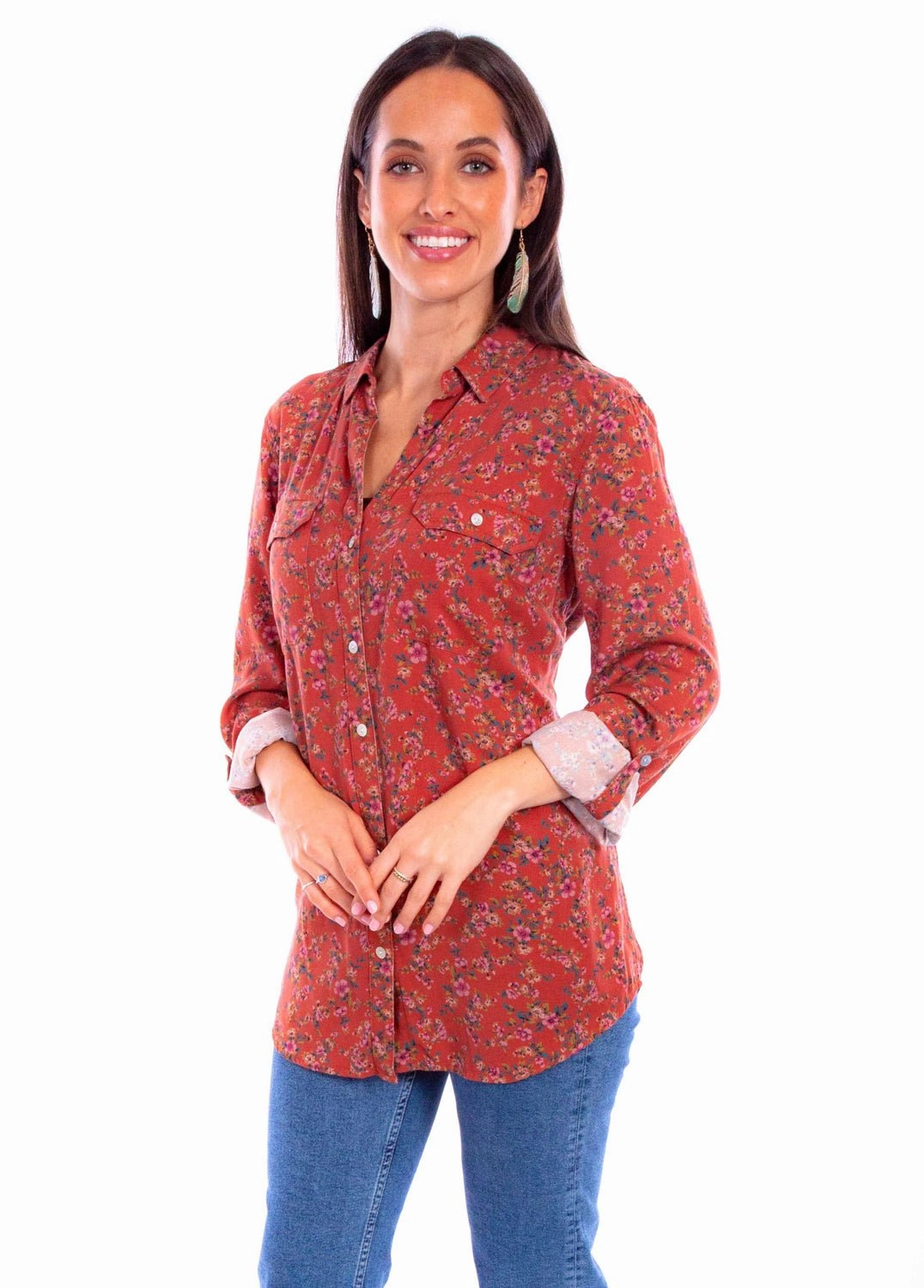 Double Stitched Hems Scully Womens Ditsy Floral Rust 100% Rayon L/S Shirt