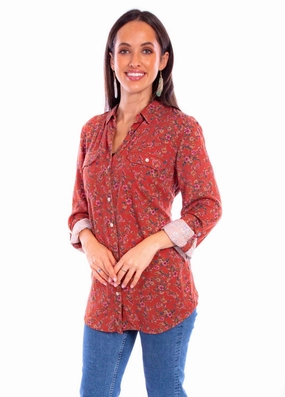 Double Stitched Hems Scully Womens Ditsy Floral Rust 100% Rayon L/S Shirt