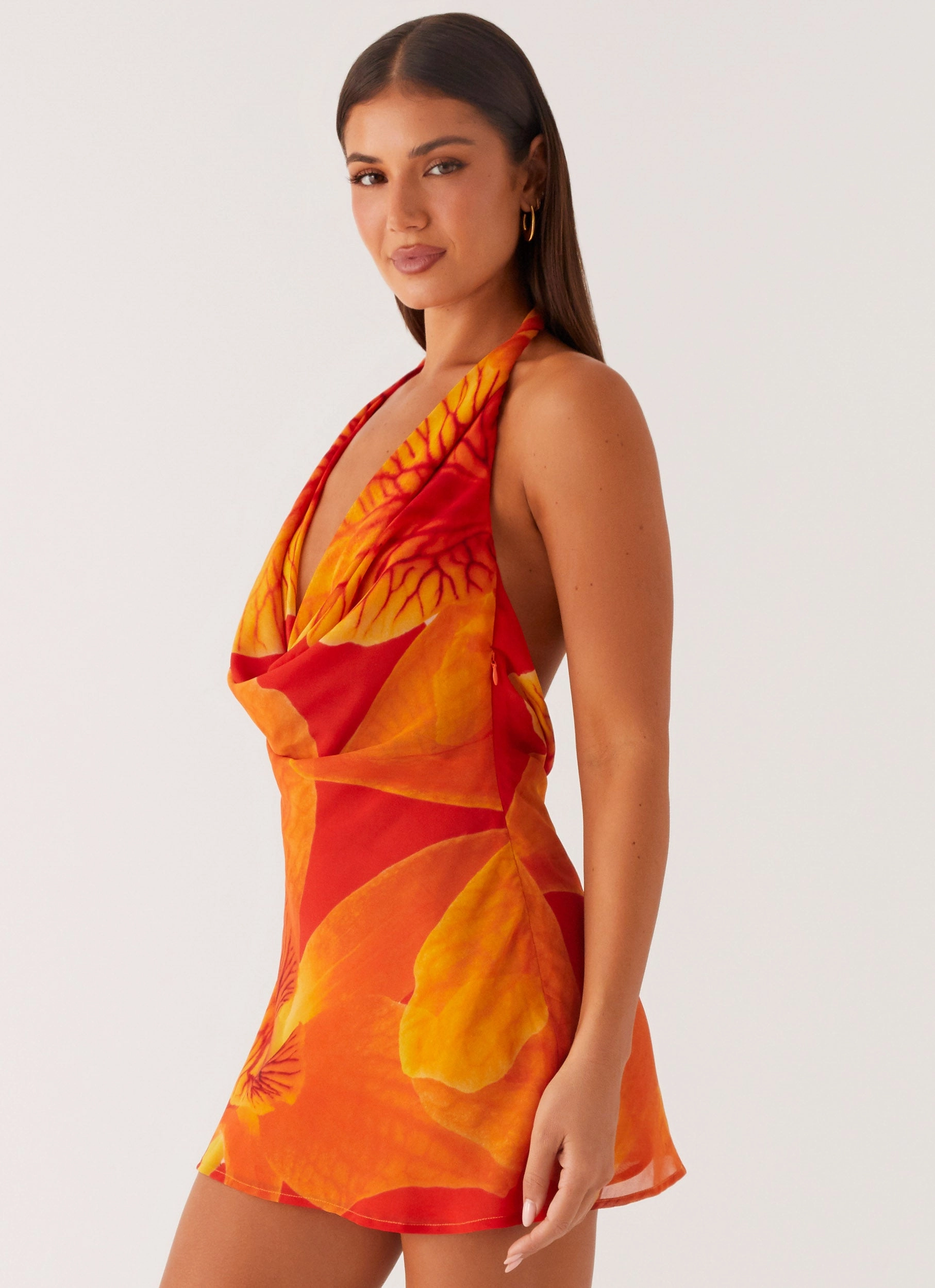 Solar Beam Cowl Mini Dress - Serene Orange Front Detail