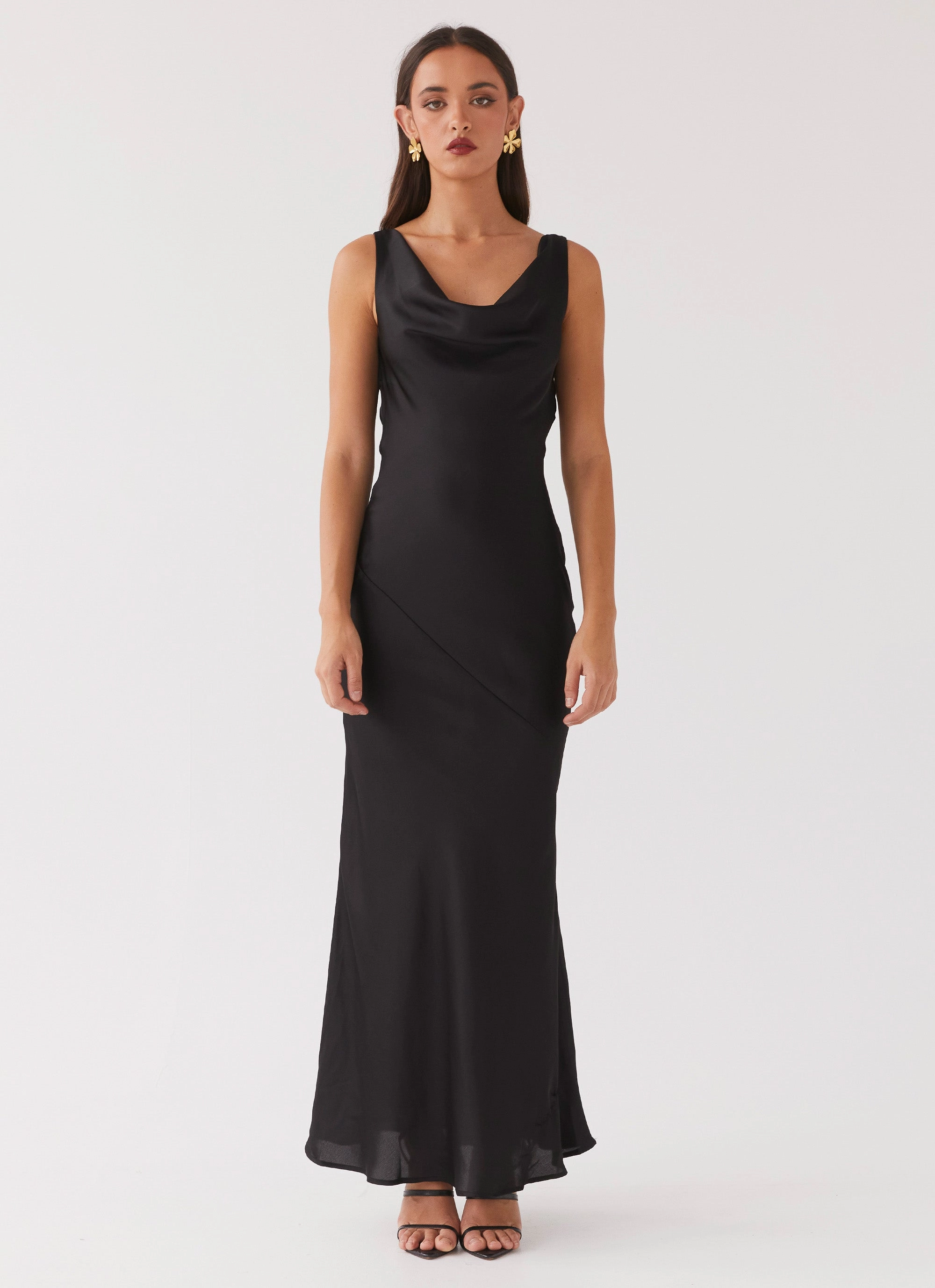 One-Shoulder Pure Vibes Be Mine Satin Maxi Dress - Black