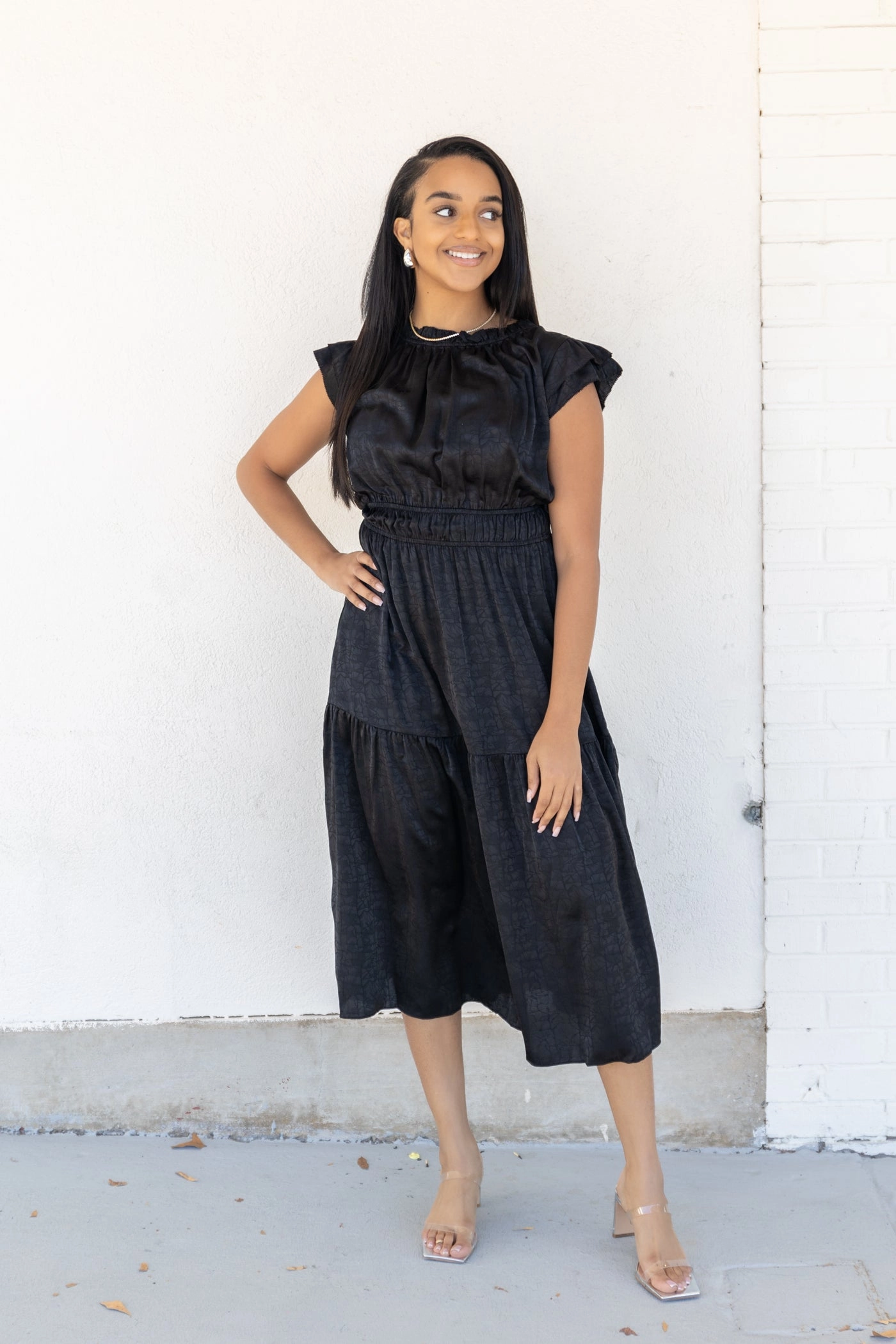 DAHLIA BLACK DRESS Floral Swing Travel Vibe