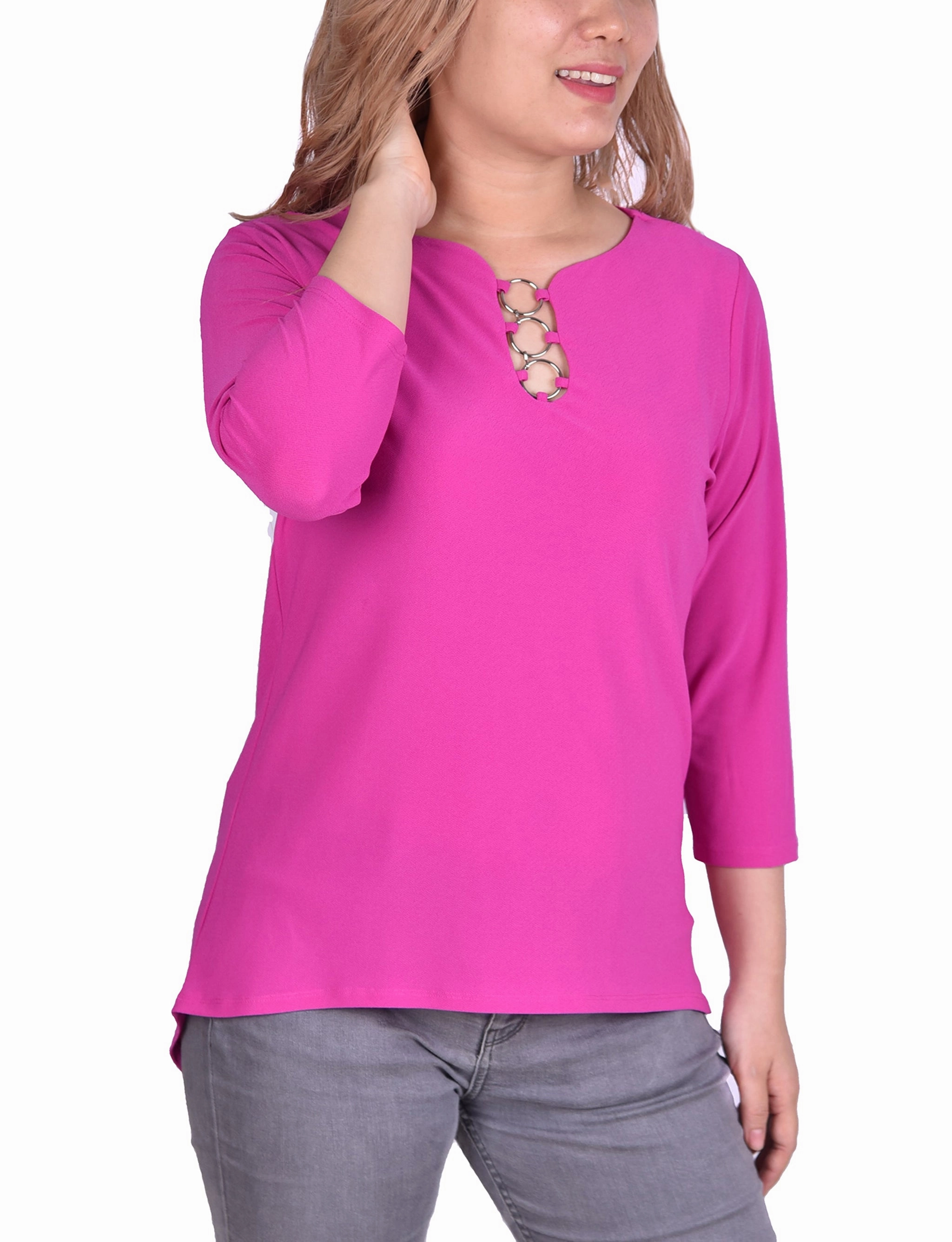 3/4 Sleeve Crepe Top With 3 Rings City Warmth Simple Wear